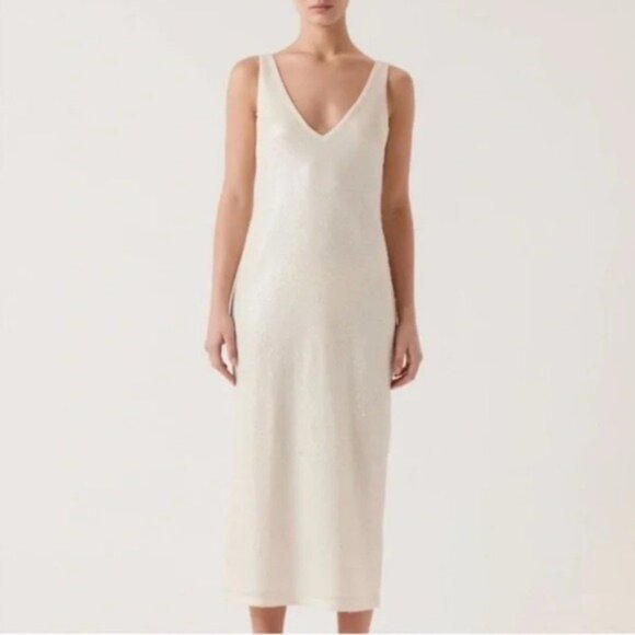 Sophie Rue Cream Sequin V-Neck Slip Midi Dress Size XS - Picture 1 of 7